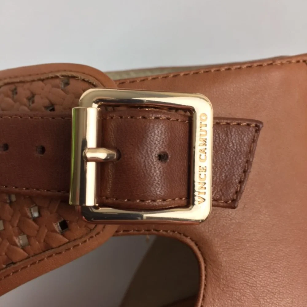 Vince Camuto Womens Brown Woven Leather Peep Toe Sandal Cone Heel size 10